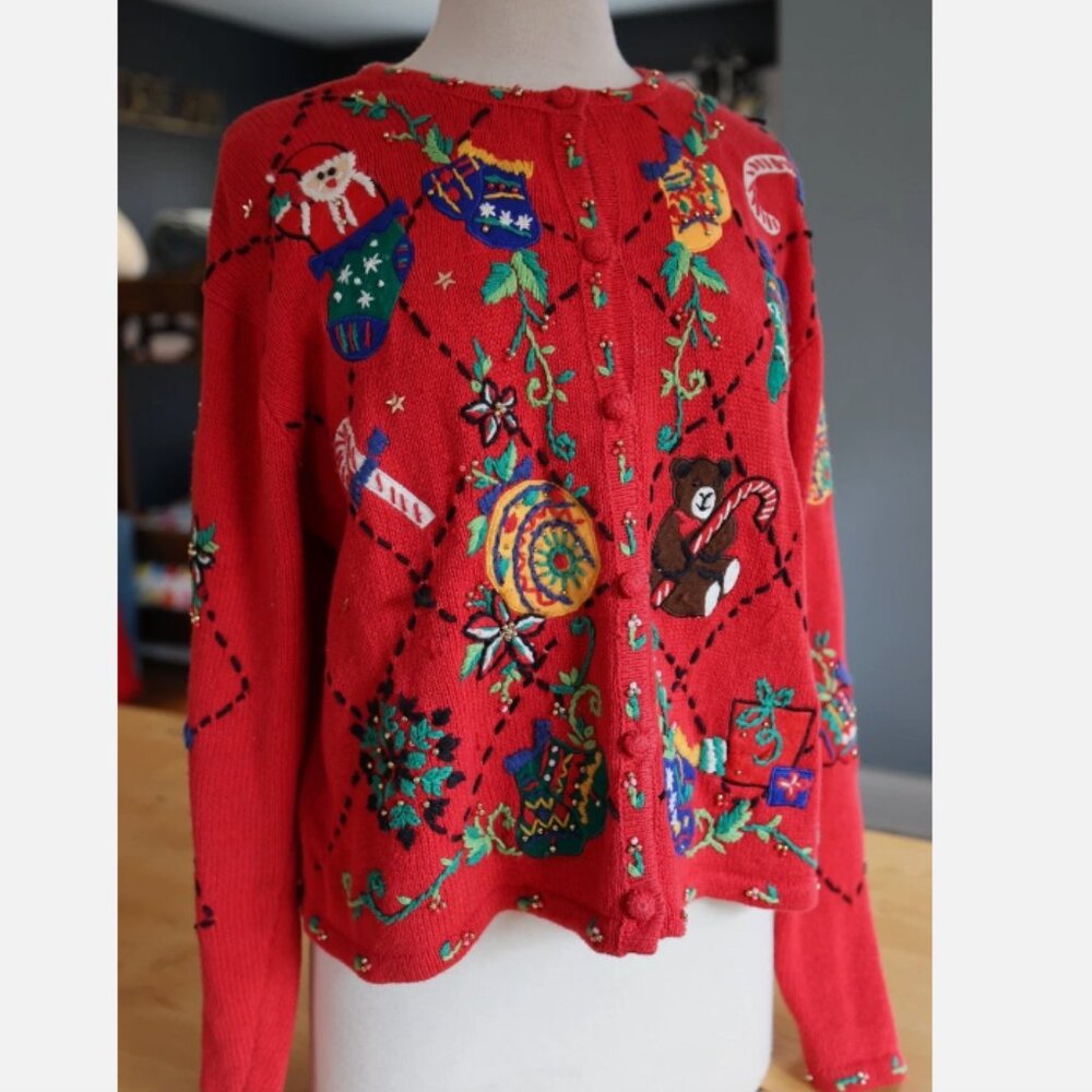 VTG Lord & Taylor Sweater Womens L Red Knit Christmas Button Front Cardigan